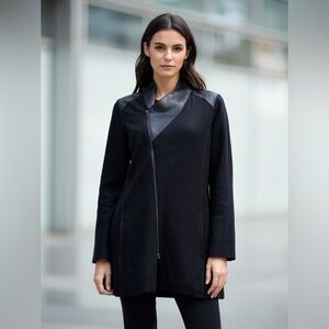 Eileen Fisher Black Merino Wool Leather Trim Asym Zip Coat S